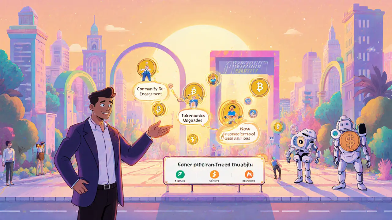 Future vision of a pastel virtual city with AI agents, players, and floating SOVRN tokens.