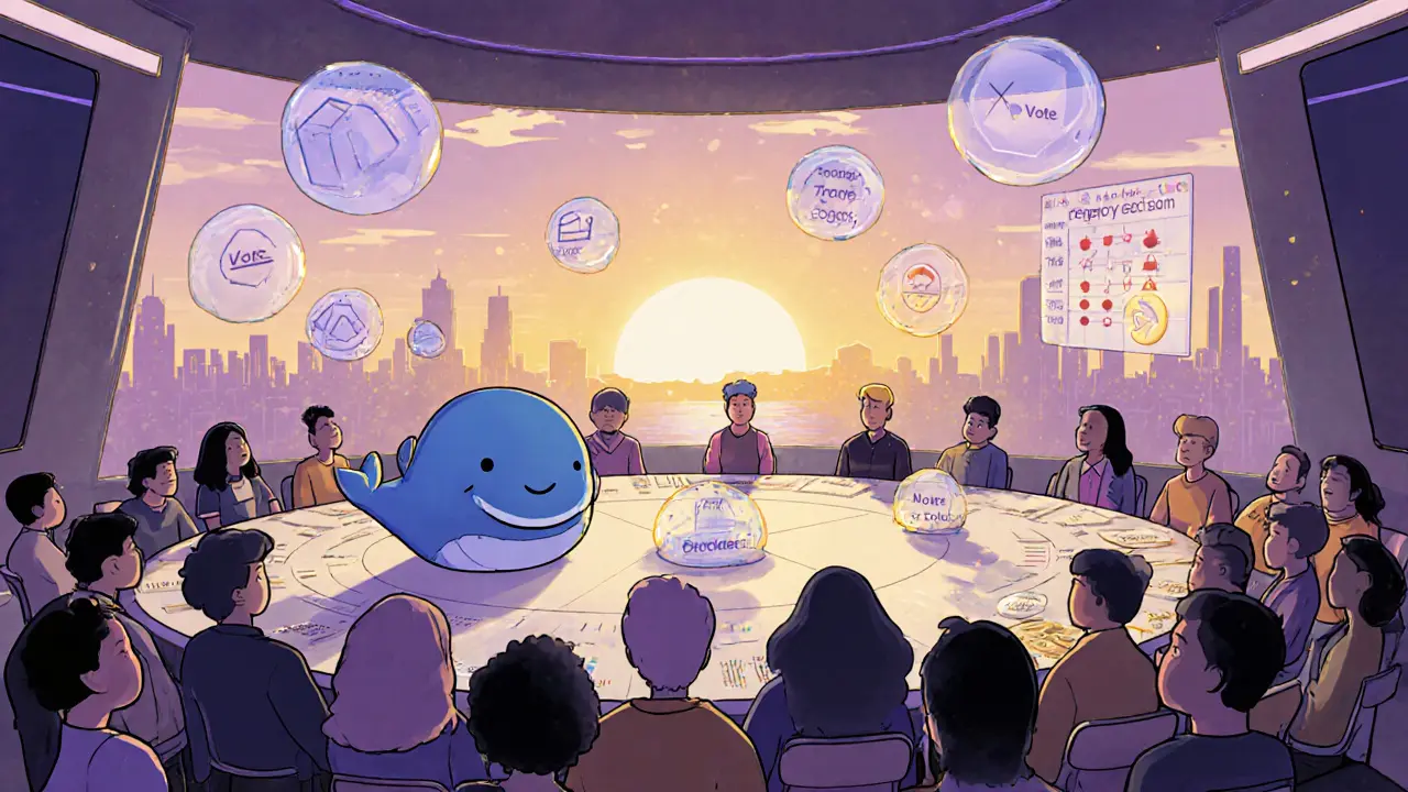 Futuristic cartoon council with whale and small avatars voting with floating bubbles representing quadratic voting.