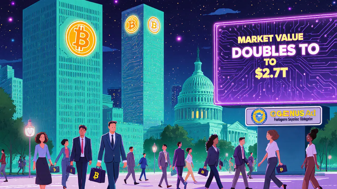 Futuristic cityscape with crypto symbols, showcasing market growth and GENIUS Act.