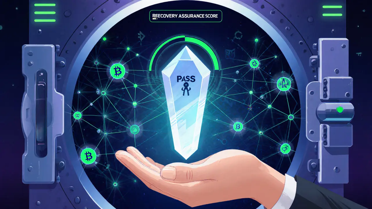 Futuristic scene with glowing passkey, blockchain node network, and recovery score hologram.