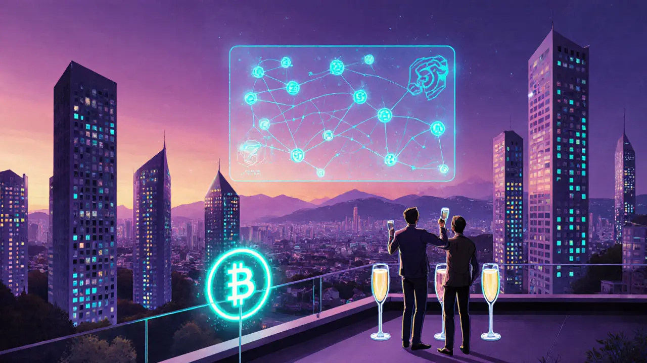 Futuristic Zug skyline with blockchain nodes and founders celebrating on a rooftop.