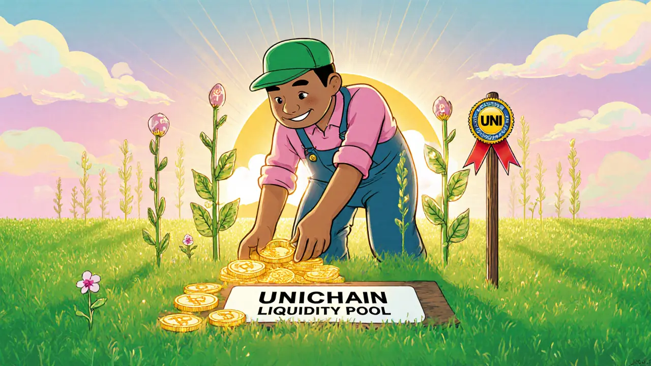 Gardener planting coin seeds in Unichain field, crypto vines grow with UNI blossoms.