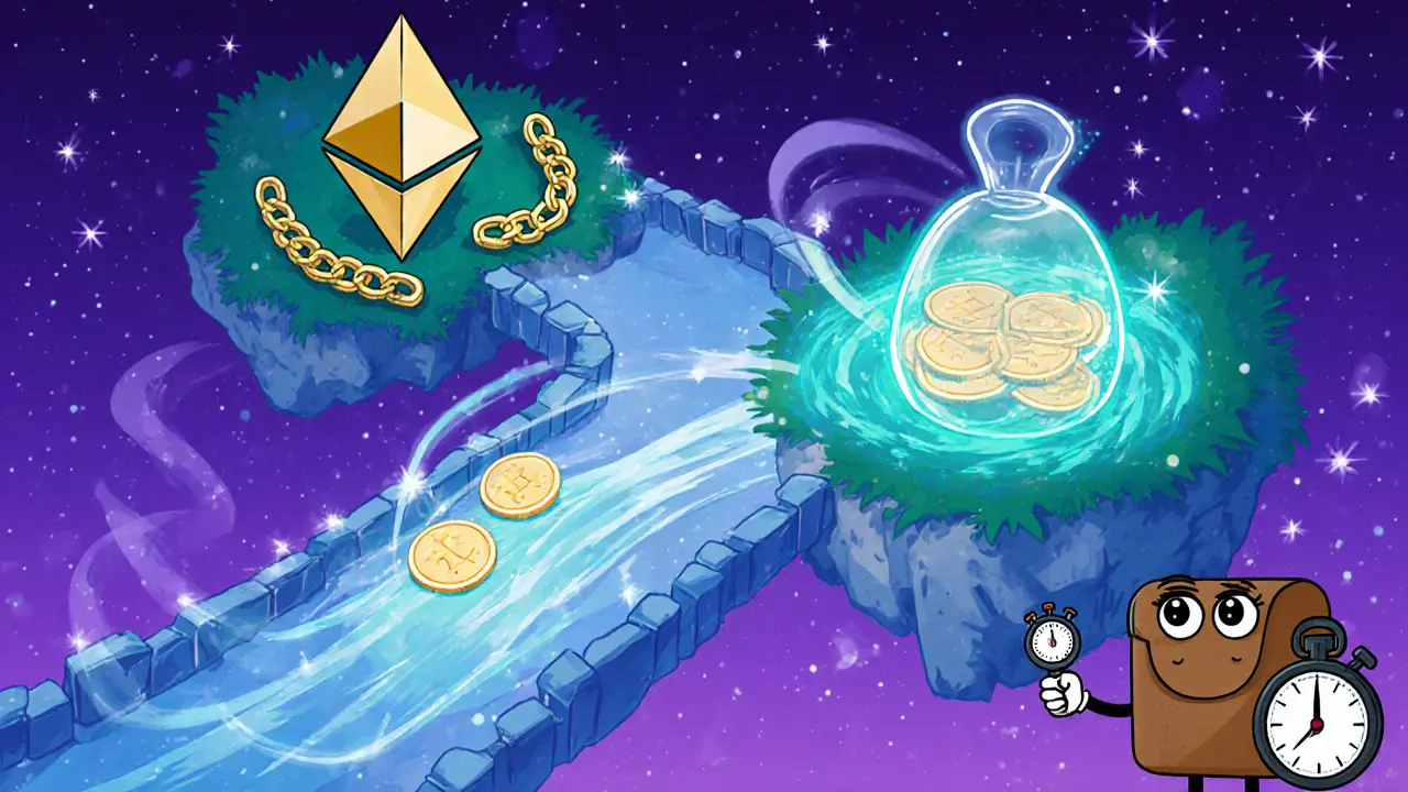 Magical bridge portal with tokens moving from Ethereum island to glowing Unichain island.