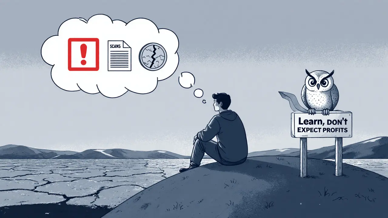 Person on a hill viewing a barren market, thought bubble shows risk warnings.