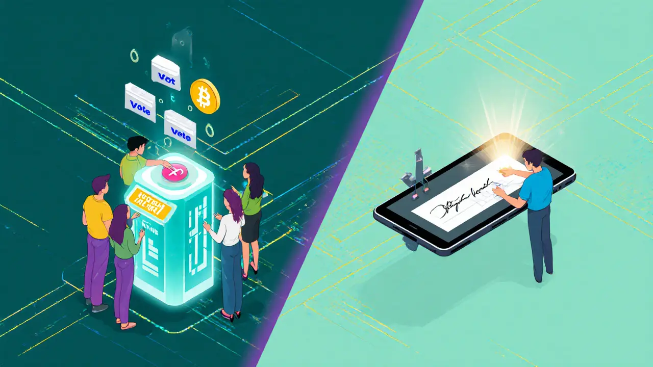 Split cartoon scene showing on‑chain voting console and off‑chain tablet voting connected by a light bridge.