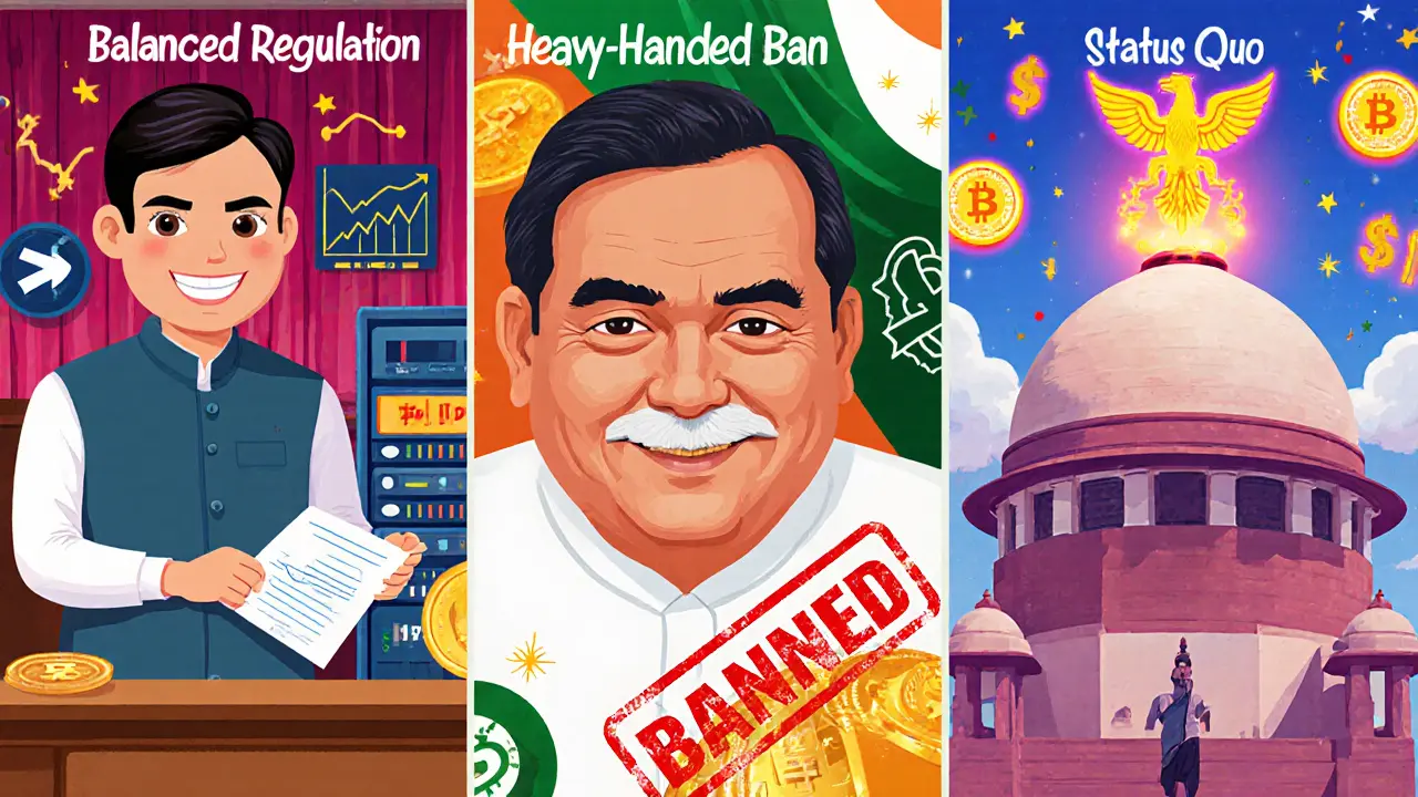 Three panels showing balanced regulation, heavy ban, and status quo futures.