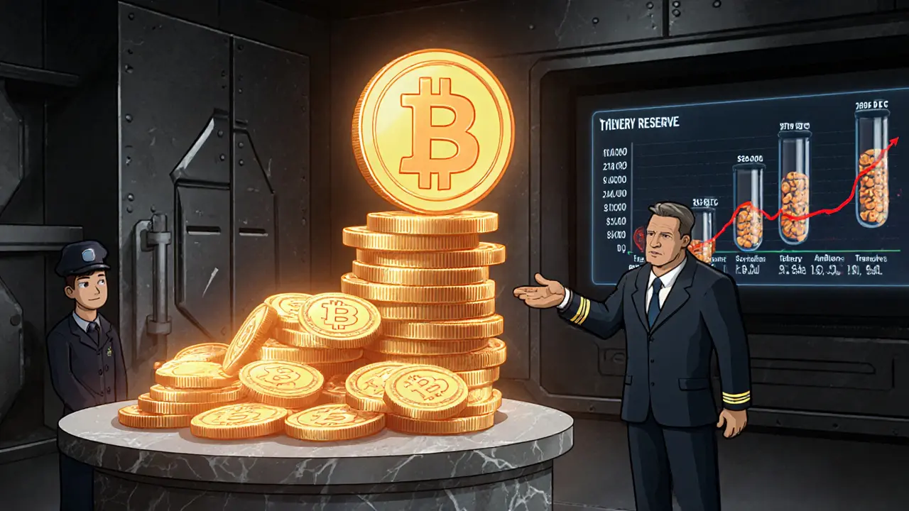 Treasury vault displaying a glowing stack of cartoon Bitcoins as a reserve.