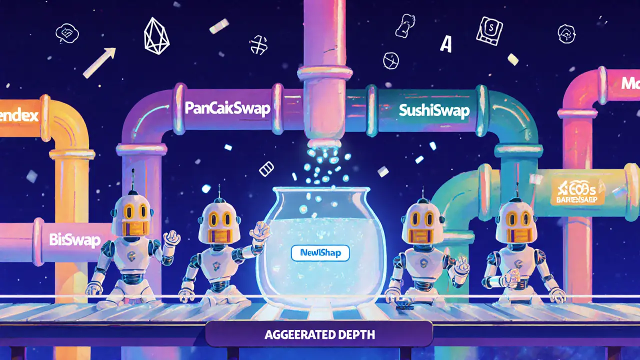 Animated factory shows smart contracts and liquidity pipes feeding a central order book.