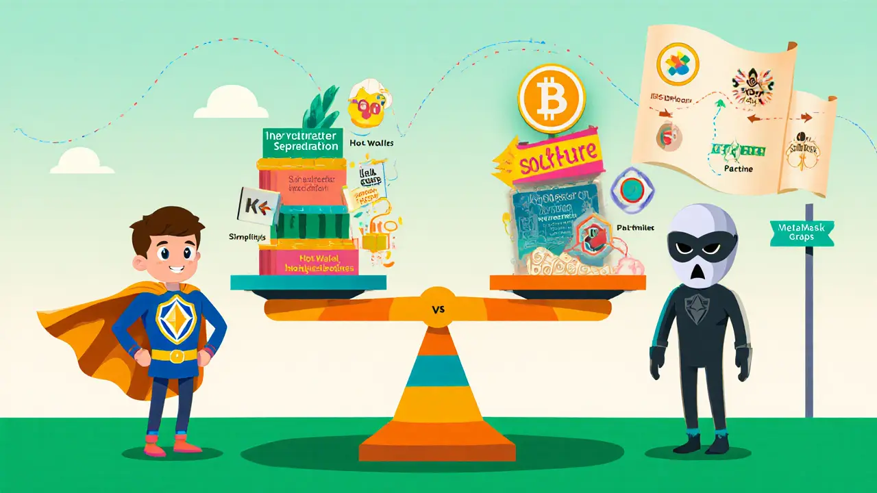 Cartoon comparison of Solflare and Phantom on a balance scale with roadmap.