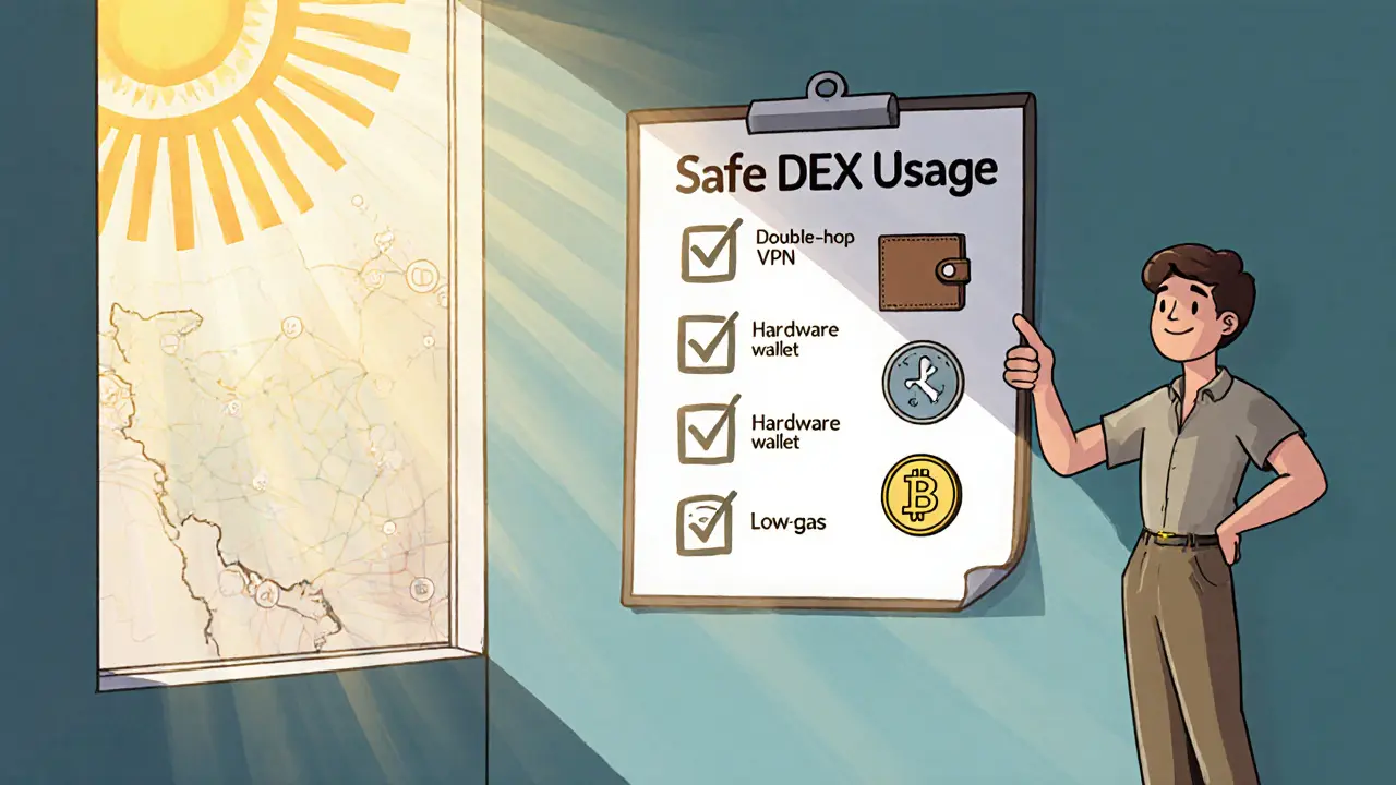 Checklist of safe DEX practices with icons, person giving thumbs‑up, sunlight streaming.