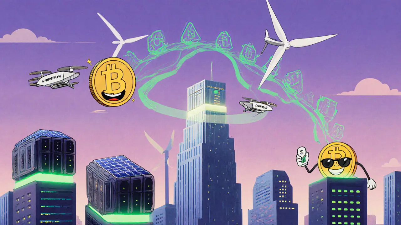 Futuristic city with renewableâpowered mining pods and hybrid blockchain symbols.