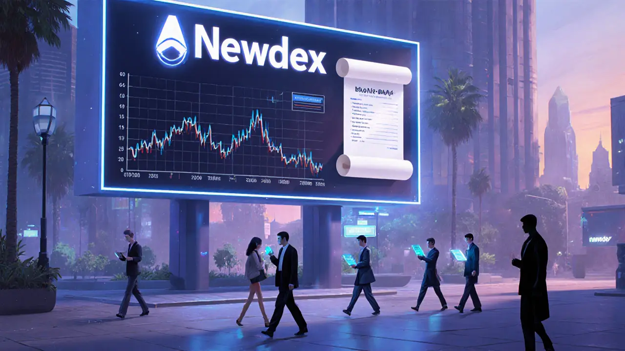 Futuristic plaza with Newdex neon sign, traders viewing holographic charts, and a roadmap.