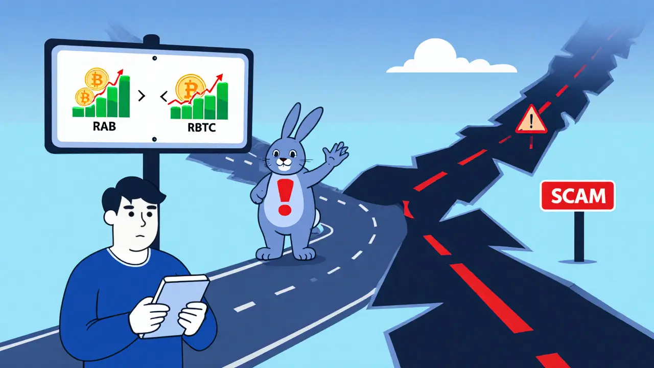 Person with a wallet app facing two paths: safe token growth vs. scam warning, rabbit mascot in background.