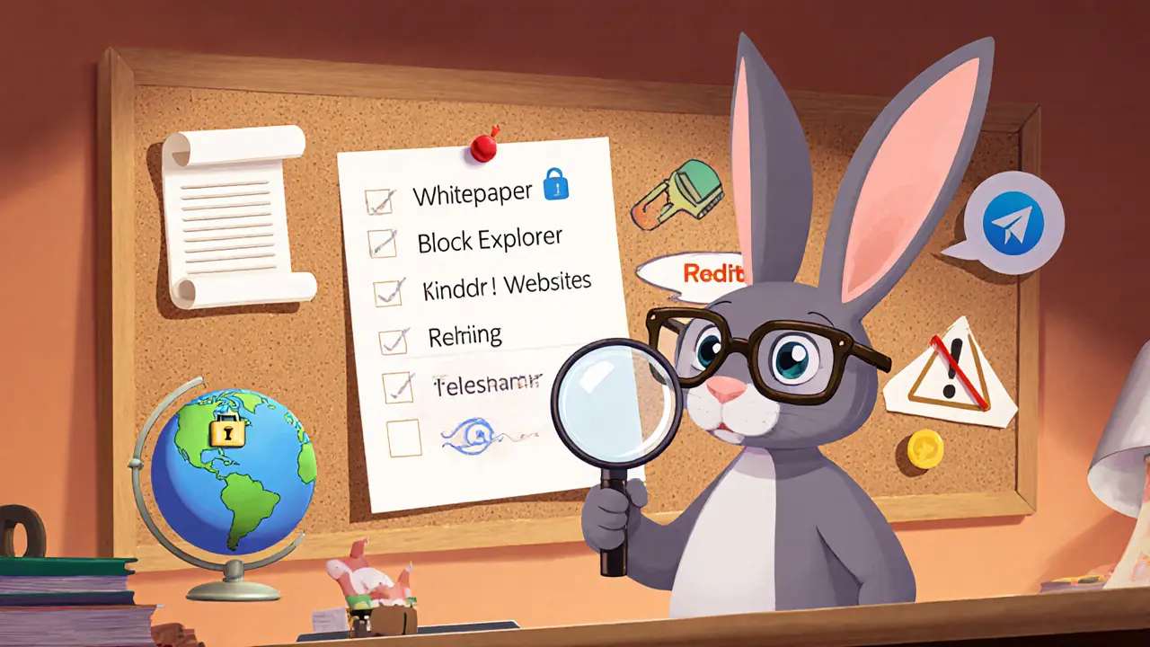 Rabbit detective checking a verification checklist with icons for website, whitepaper, and block explorer.