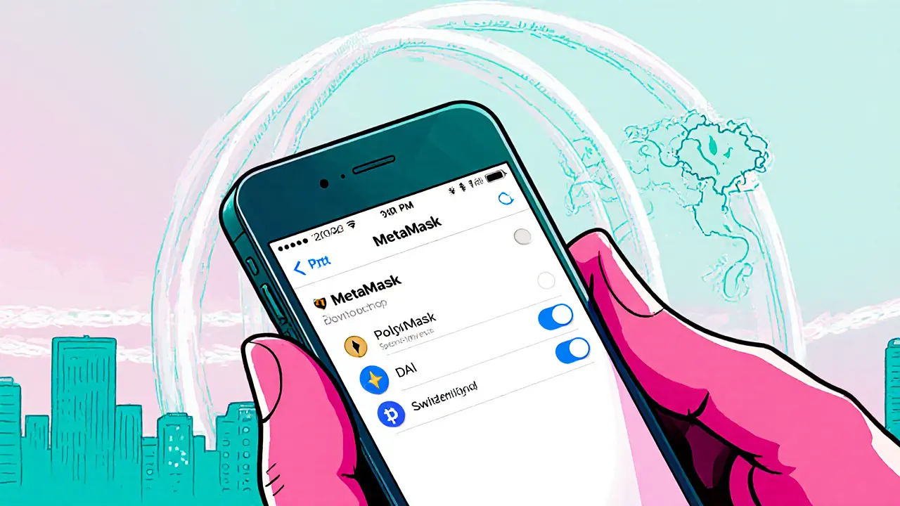 Smartphone displaying MetaMask on Polygon with DAI token and VPN tunnel illustration.