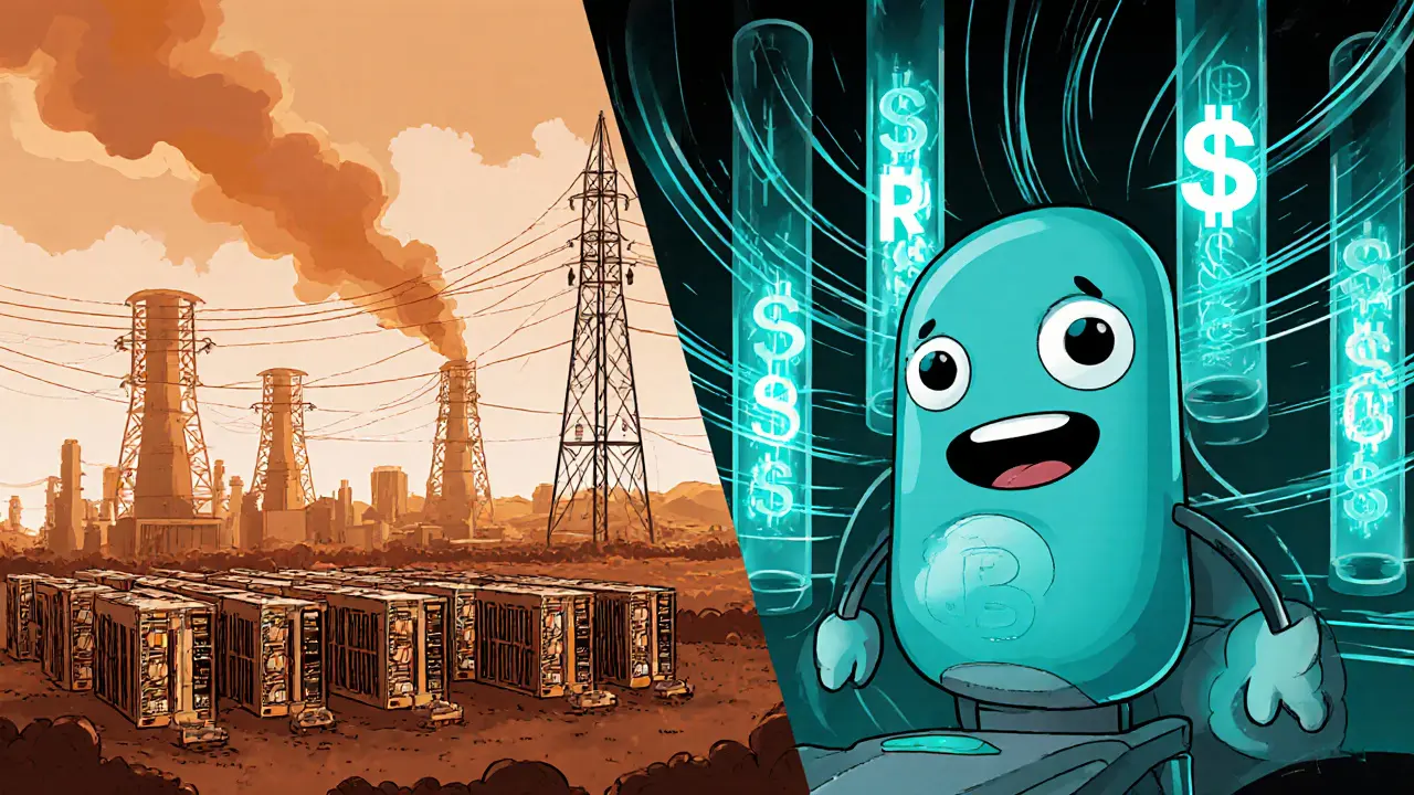 Split scene showing powerâhungry Bitcoin mining farm beside fast, clean PoS transaction flow.