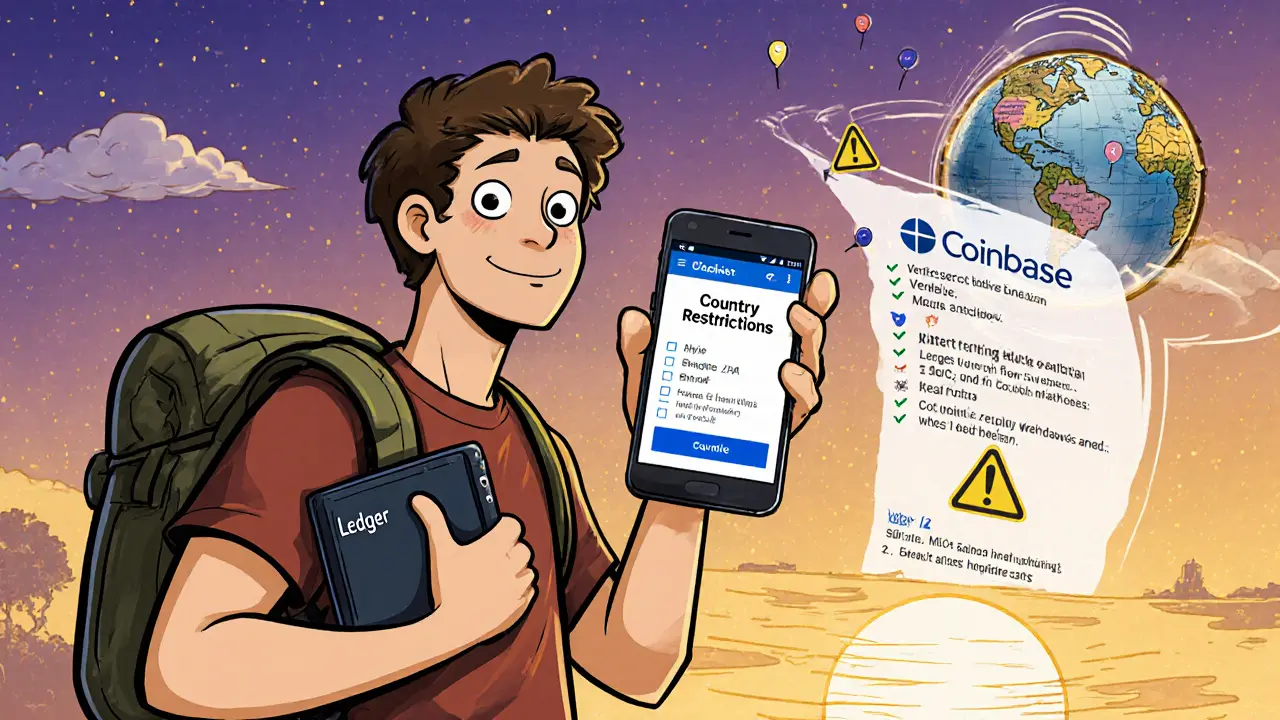 Traveler with hardware wallet and phone checking Coinbase restrictions on a spinning globe.