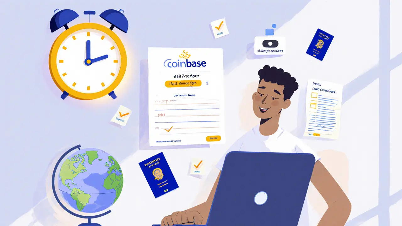 User at desk with passport, bill, and laptop illustrating Coinbase KYC steps and hold period.