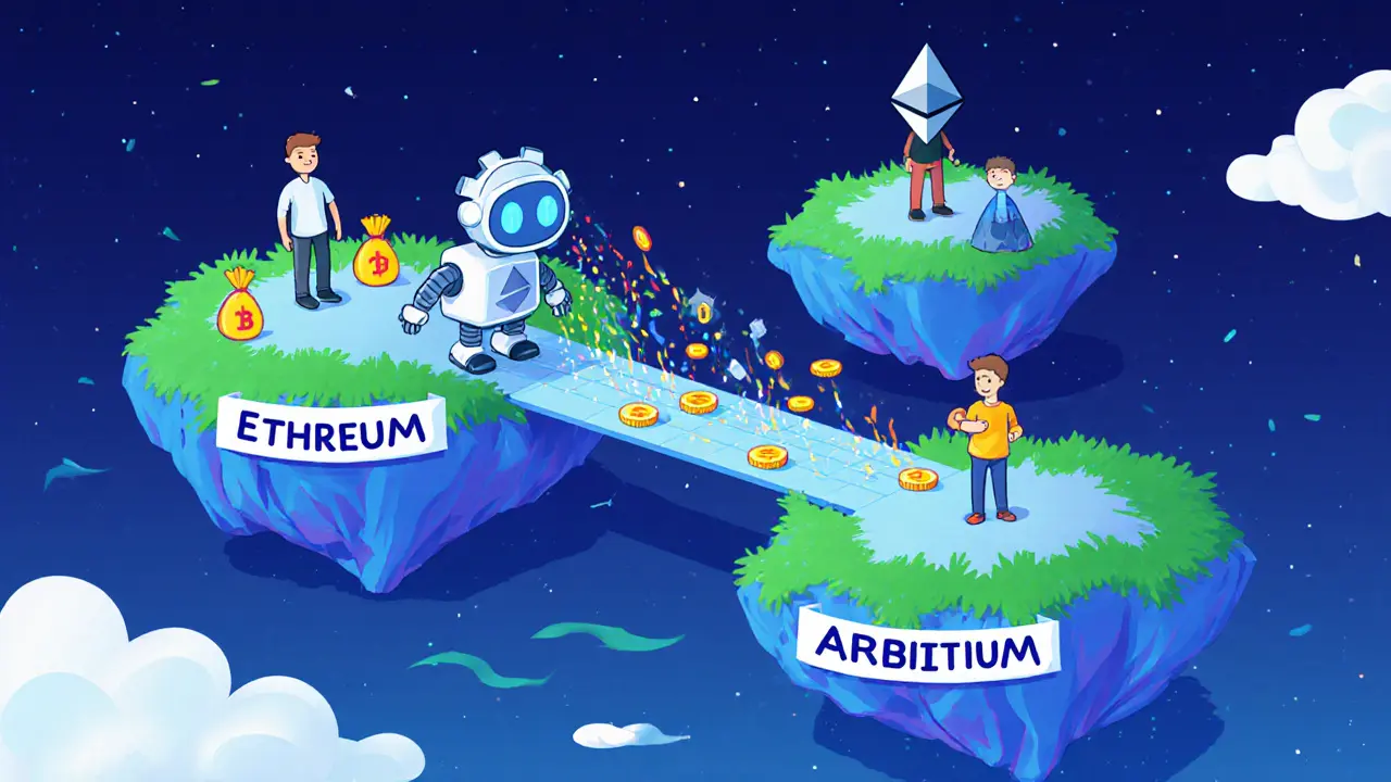 Animated bridge connecting Ethereum, Polygon, and Arbitrum with tokens flowing across.