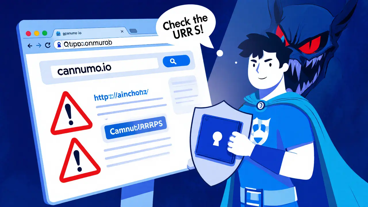 Cartoon hero shielding a hardware wallet from a phishing website warning.