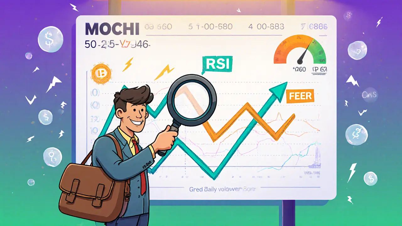 Cartoon trader analyzing a bright MOCHI token price chart with SMA lines and RSI gauge.