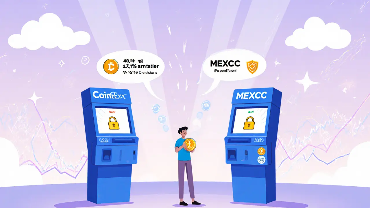 Cartoon user comparing CoinEx and MEXC kiosks, viewing fee tags and security icons while holding a MOCHI coin.