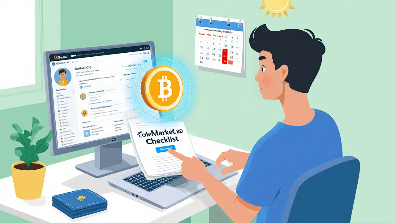 Character linking a wallet to CoinMarketCap and preparing for the TSX airdrop snapshot.