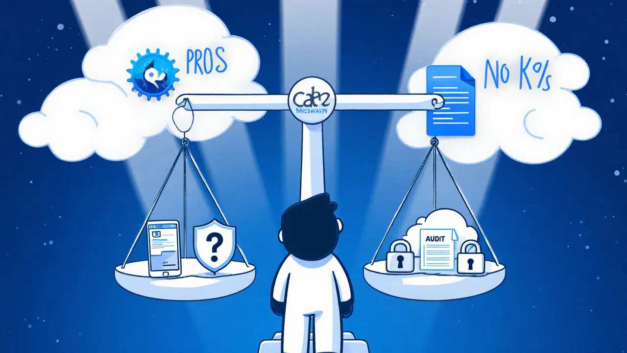 Character weighing MistSwap pros and cons on a cartoon scale with icons.