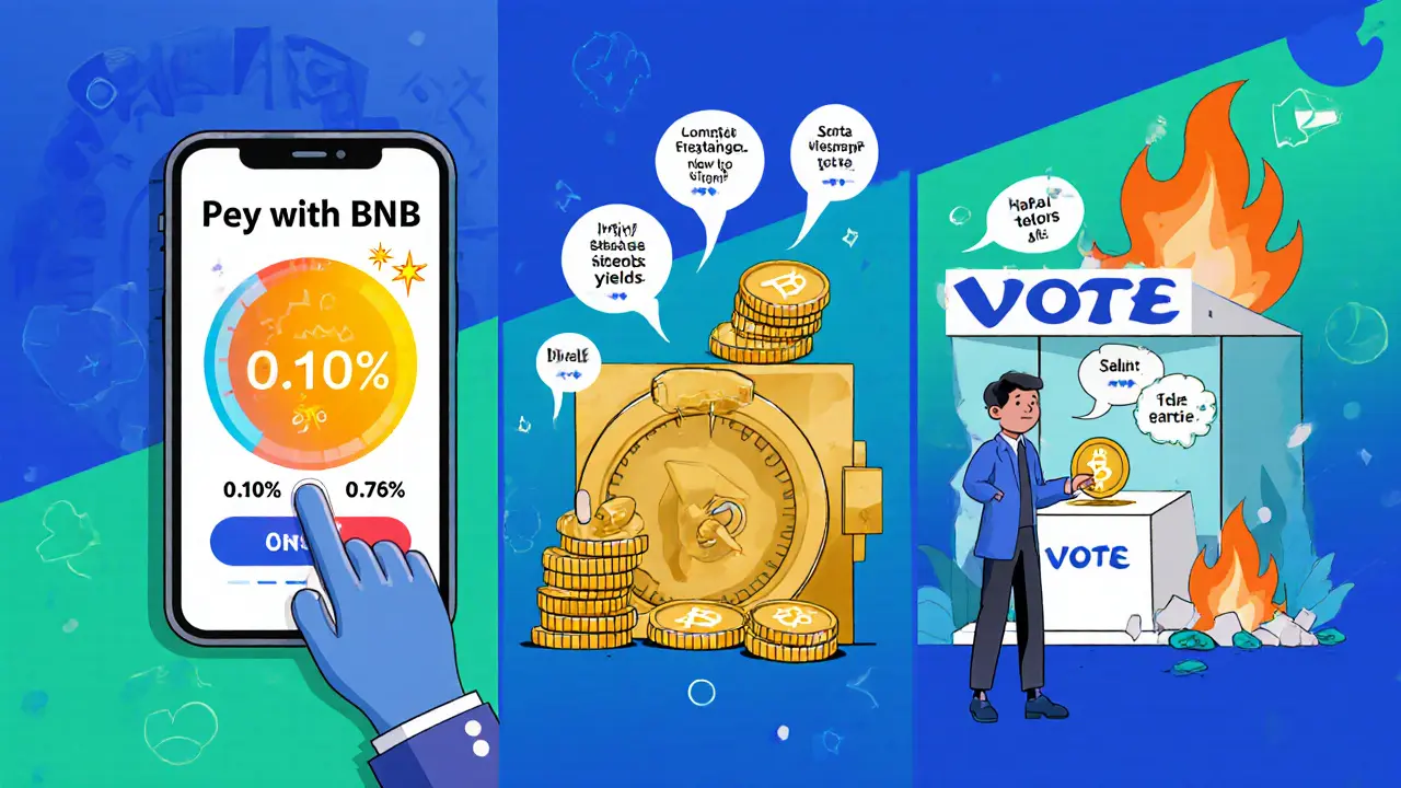 Illustration showing fee discount, staking vault, voting booth, and token burn flames.