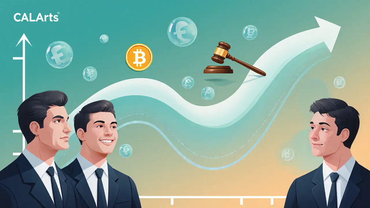 Institutional investors around a smooth wave chart with stablecoins and a regulation gavel.