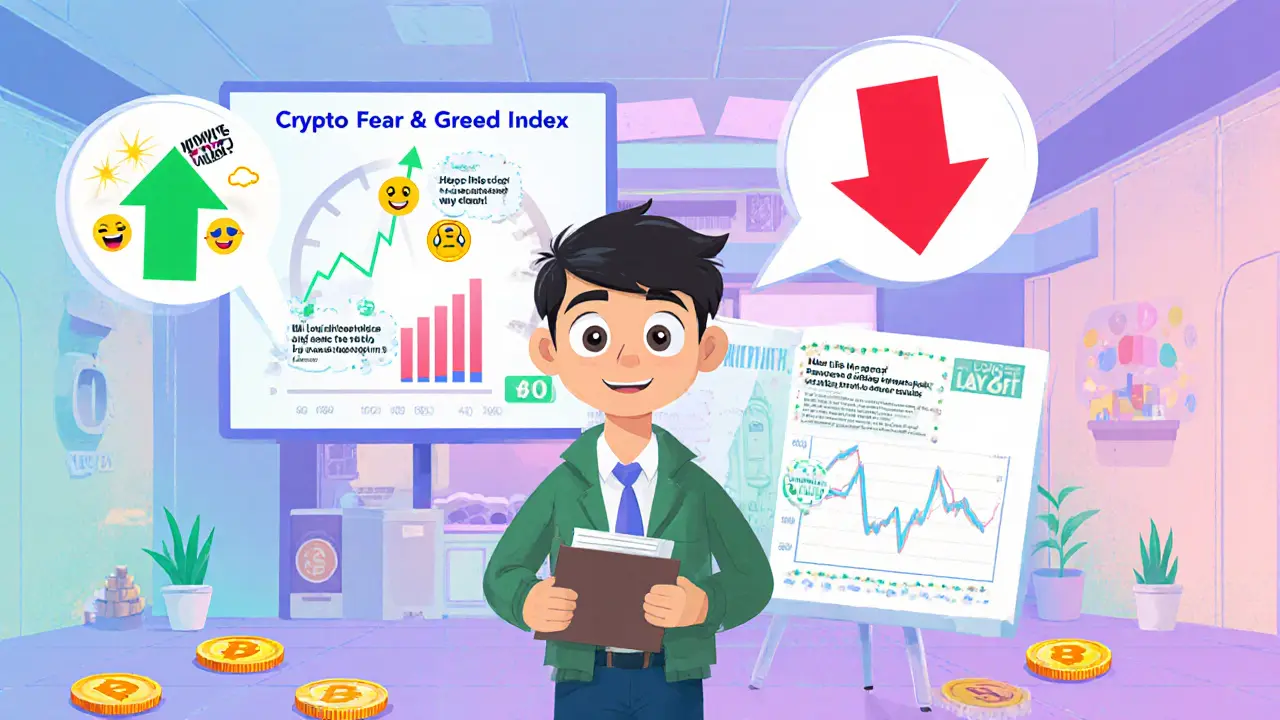 Investor looking at Fear & Greed Index and volume chart with bull and bear signal bubbles.