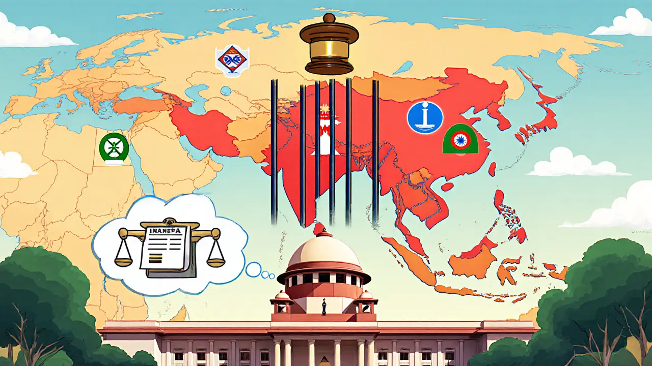 Map of Asia highlighting Nepal&#039;s crypto ban with prison bars and neighboring countries&#039; icons.