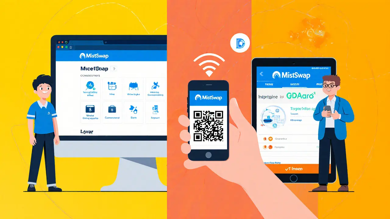 Split-screen showing MistSwap on desktop, phone scanning QR code, and tablet app.