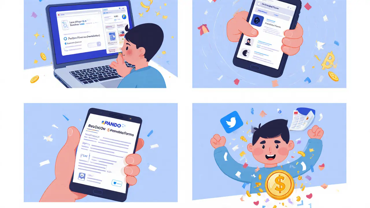 Storyboard of a user setting up wallet, tweeting, and receiving $PANDO tokens.
