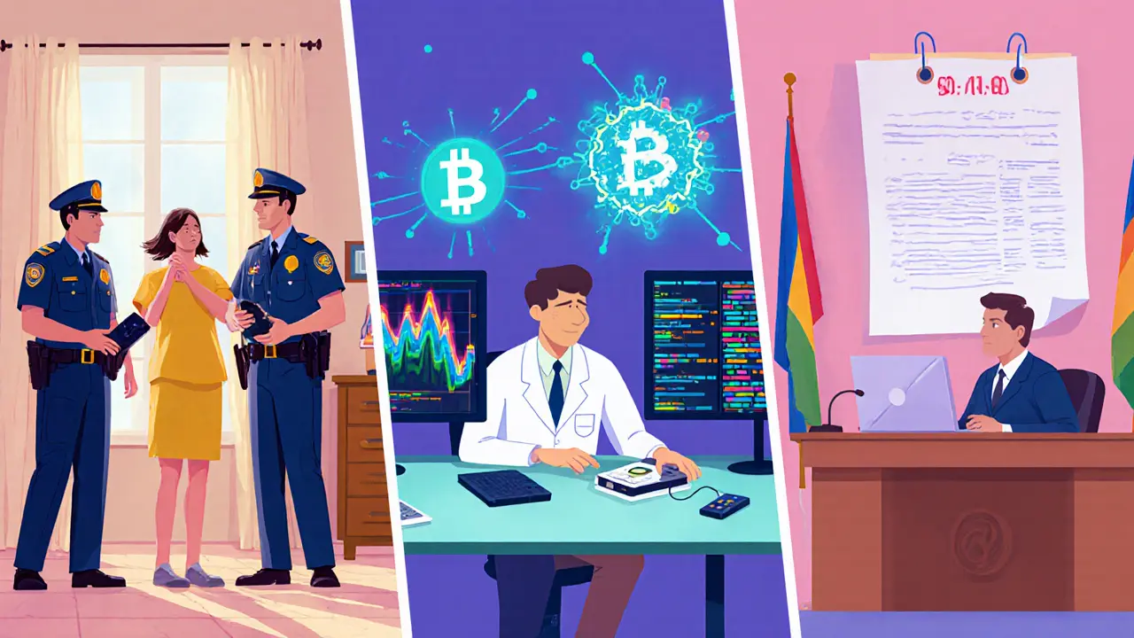 Three panels show device seizure, forensic lab analysis, and courtroom charge sheet.