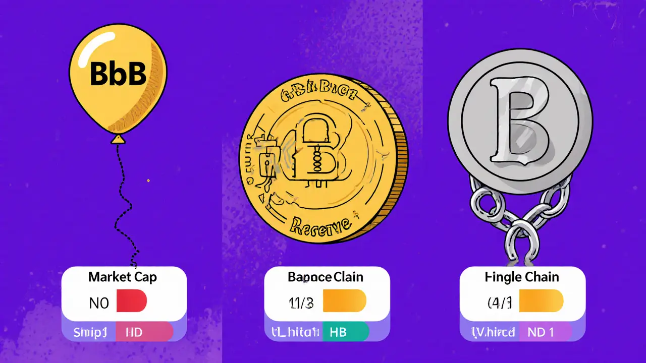 Three token characters comparing BTCB, cbBTC, and Binance BTCB with backings and market caps.