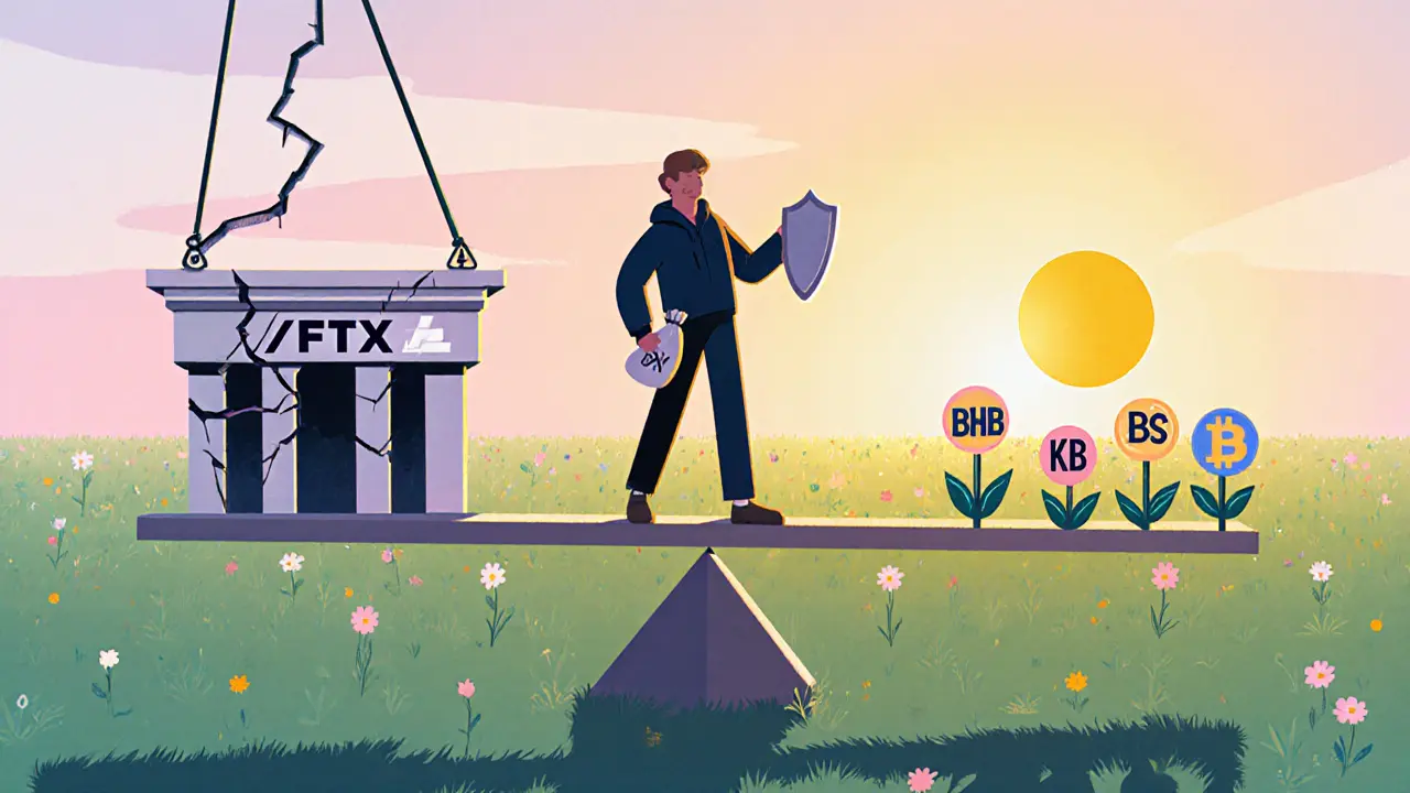 Trader on a seesaw balancing exchange risk and token reward under a sunrise.