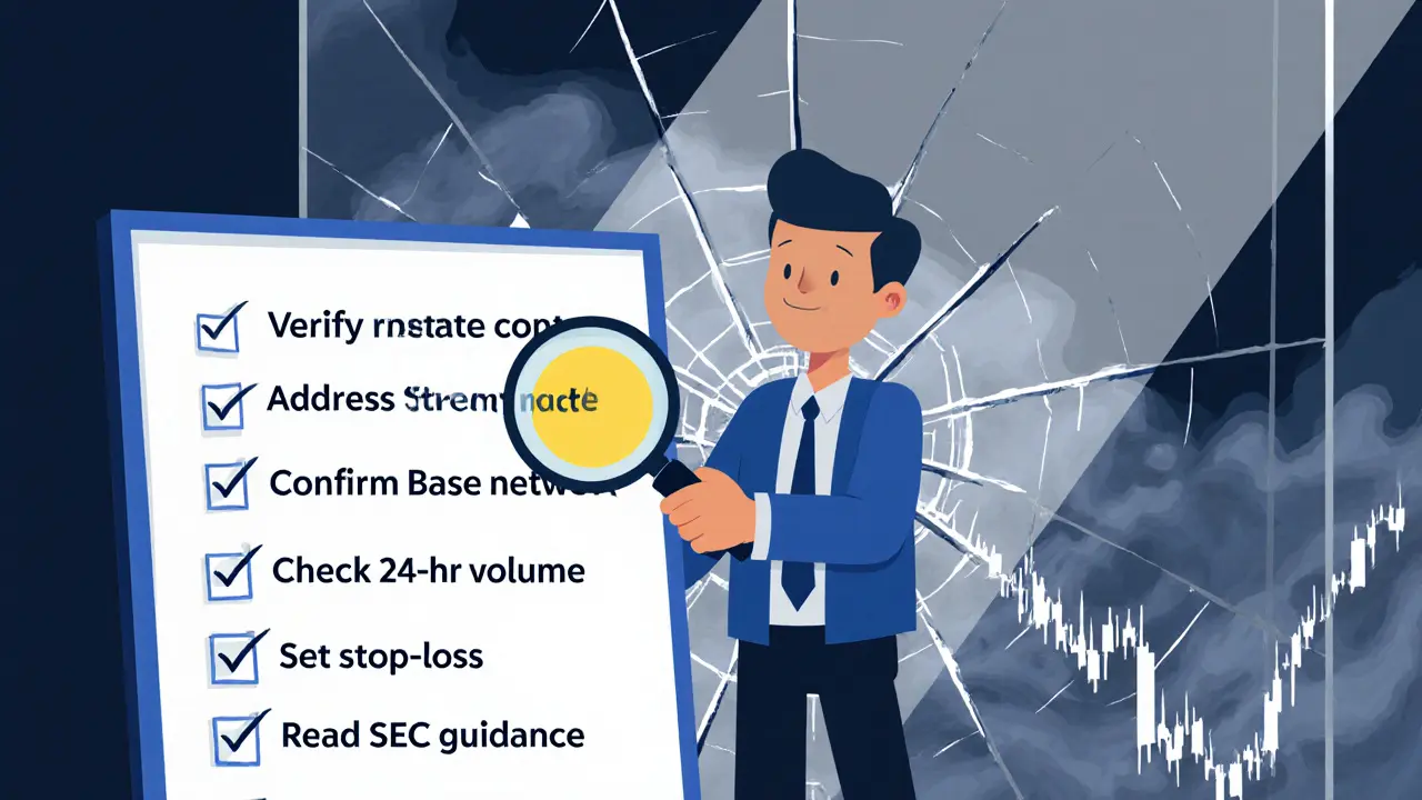 Trader reviewing a risk checklist with magnifying glass, background market volatility.