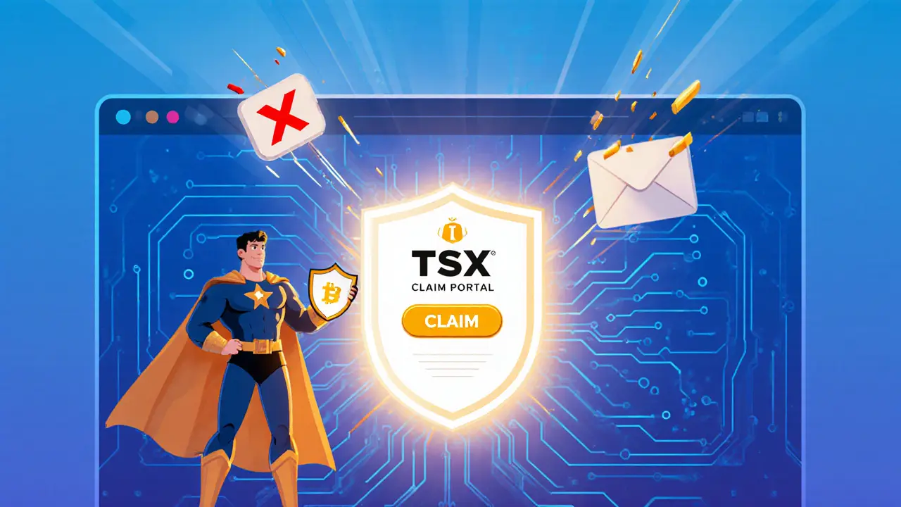 User safely claiming TSX tokens using a secure portal and hardware wallet, avoiding phishing.