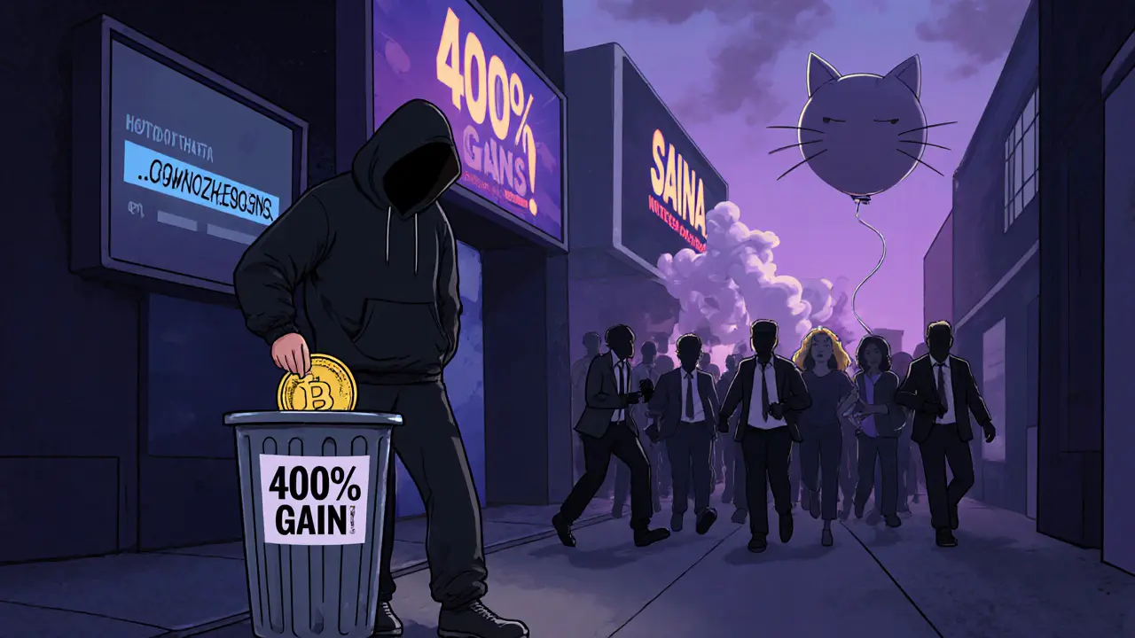 A shadowy figure throws a scam contract into trash while investors chase a popping cat balloon.