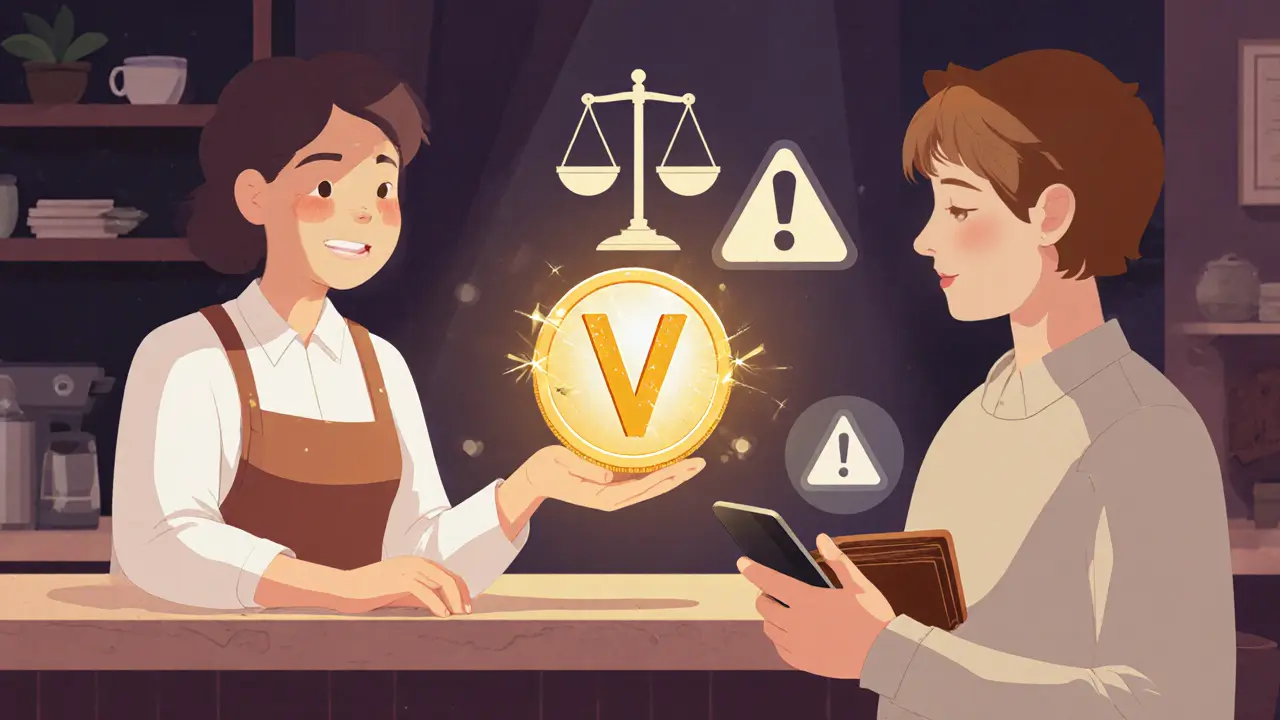 Barista giving a glowing VOW token to a customer at a coffee shop.