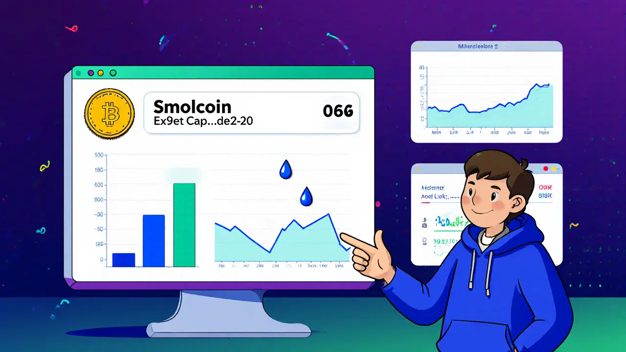Cartoon dashboard showing SMOL contract address, tiny market cap chart, and liquidity droplets.