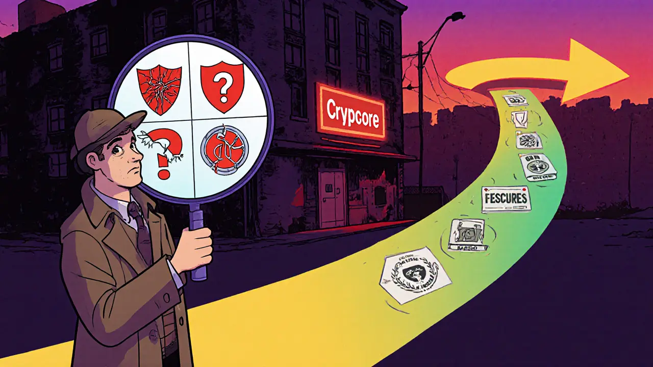 Cartoon detective pointing at red‑flag symbols and walking away from a shady Crypcore building.