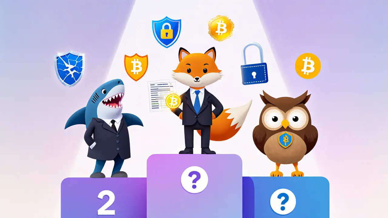 Cartoon exchange characters: shark, fox, owl on podium with shields and locks showing trust levels.