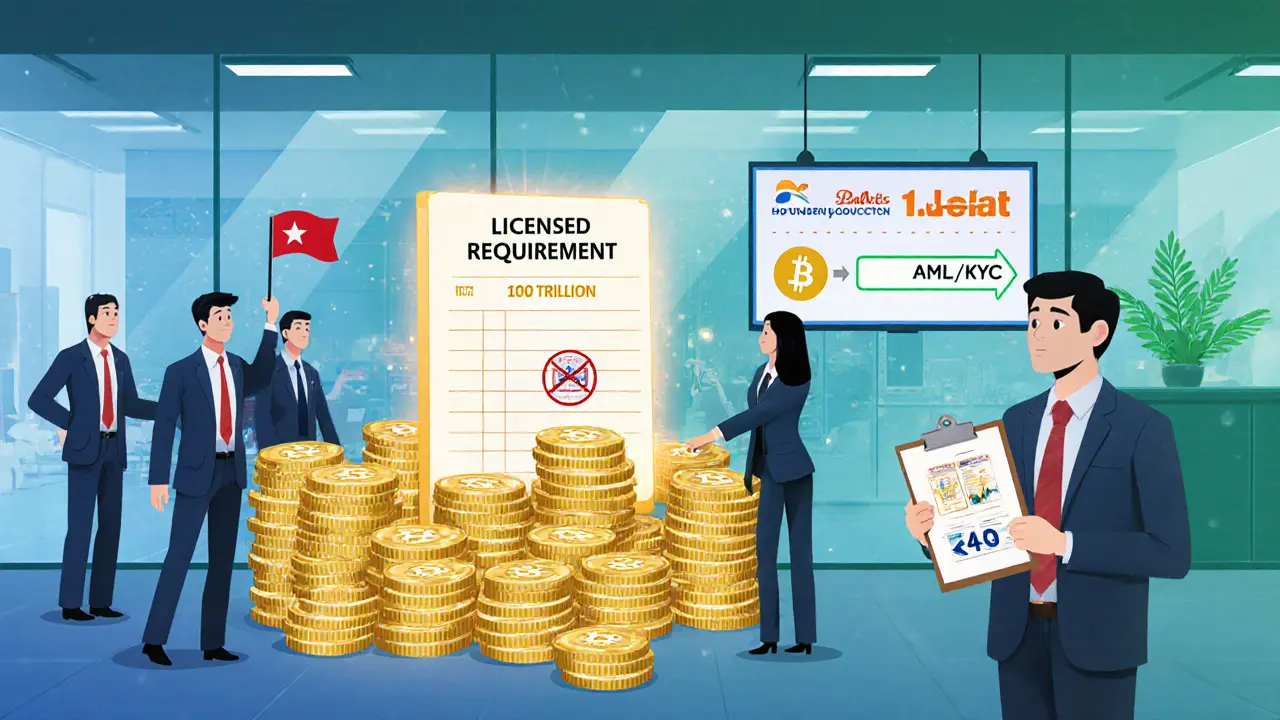 Cartoon exchange office with VND stacks, AML checklist, and foreign ownership limit.