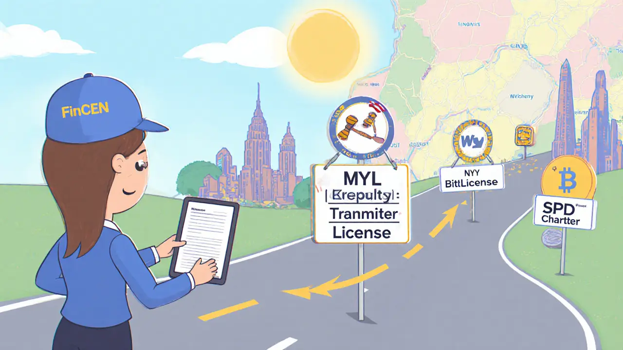Cartoon roadmap showing FinCEN registration and state license checkpoints.