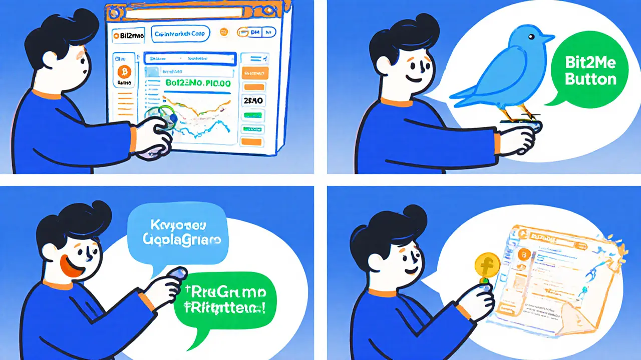 Cartoon steps for the CoinMarketCap airdrop: watchlist, follow Twitter, join Telegram, retweet.
