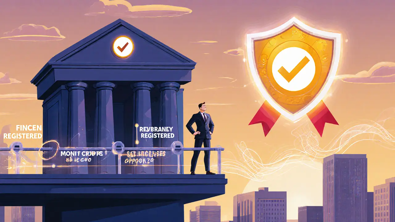 CEO celebrating compliance success with city skyline and bank building.