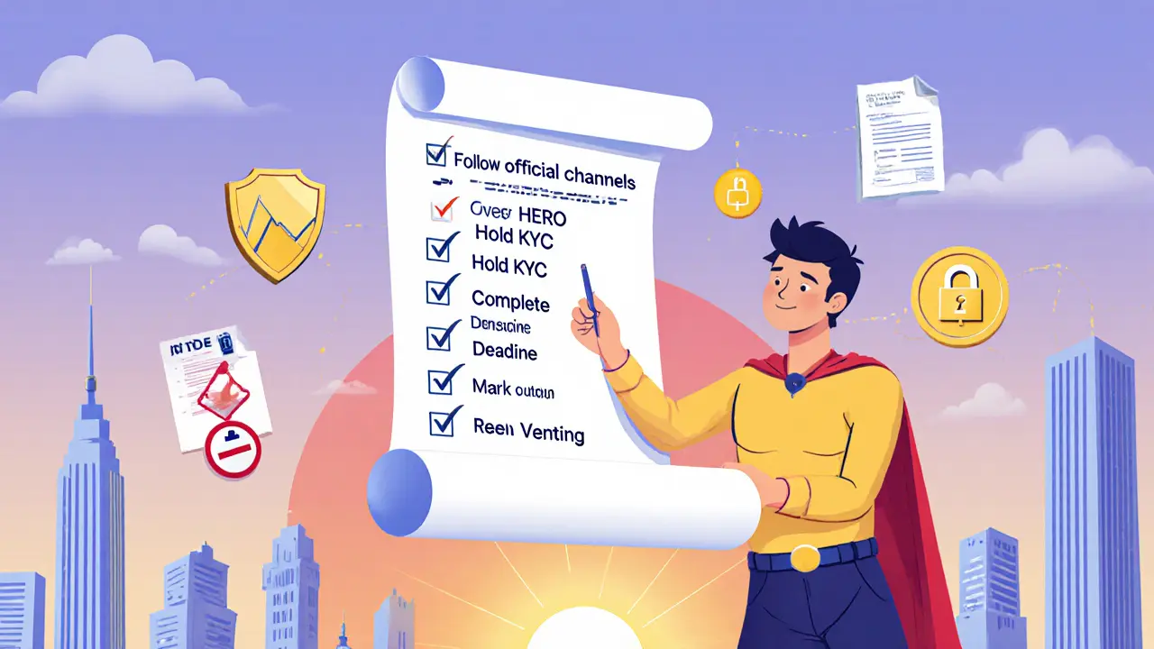 Character checking a list of airdrop steps surrounded by icons for price, scams, lock-up, and taxes.