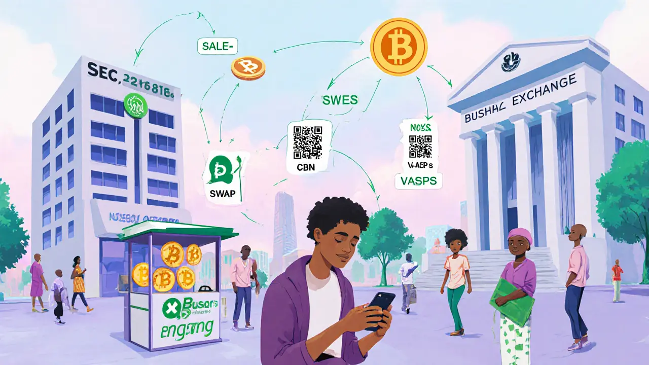 City scene with SEC, CBN, Busha Exchange and a trader performing crypto sale, swap, payment, and salary.